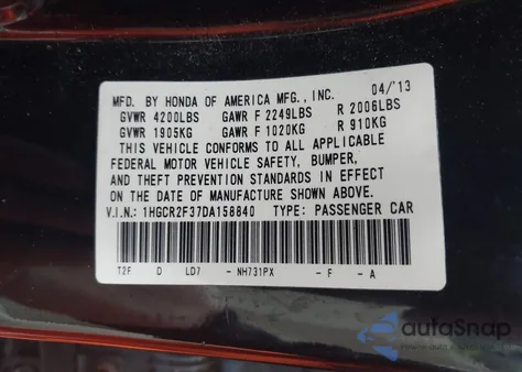 2013 Honda Accord Lx из США, поврежденный, VIN 1HGCR2F37DA158840